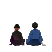a man in a black hat and a man in a blue kimono are sitting next to each other