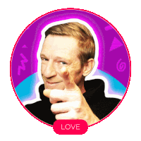 a man giving a thumbs up in a purple circle with the word love below him