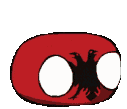 a red ball with a white circle in the middle and a black eagle on it .