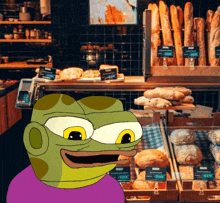 a cartoon of a frog standing in front of a bakery counter