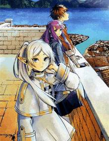 three anime characters are standing on a balcony overlooking a city