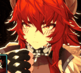 a close up of a red haired anime character with a sign that says eeek on it