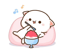 a cartoon cat is eating ice cream with a spoon while laying on a pillow .