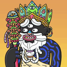 a cartoon drawing of a man with three eyes and a crown on his head holding a stick .