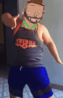 a man wearing a tank top that says ' chub ' on it is dancing