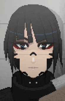 a pixel art drawing of a girl with black hair and red eyes