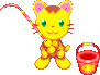 a pixel art drawing of a yellow cat holding a fishing rod and bucket .