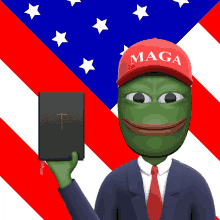 a cartoon character wearing a maga hat holds a bible in front of an american flag