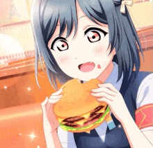 a girl with blue hair is eating a hamburger with a eiffel tower in the background