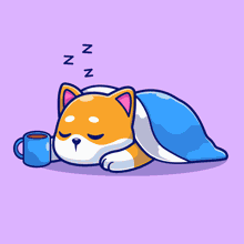 a cartoon of a cat sleeping with a cup of coffee next to it