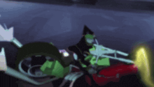 a cartoon character is riding a motorcycle with a green wheel