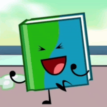 a cartoon book with arms and legs is laughing and smiling