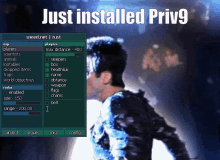 a computer screen shows a man and the words just installed priv9 above him