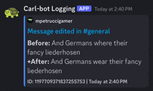 a screenshot of carl-bot logging showing a message edited in general