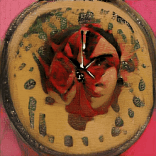 a painting of a clock with a face on it that shows the time as 10:10