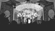 a black and white drawing of a band playing on stage