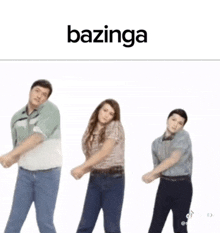 a group of people are dancing in front of a white background and the word bazinga is above them .