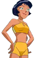 a cartoon girl is wearing a yellow bikini top and shorts