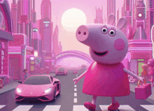 a peppa pig cartoon character is crossing a street with a pink lamborghini in the background