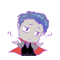 a cartoon drawing of a vampire with blue hair and a red cape