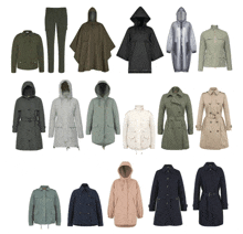 a collection of jackets and coats including a poncho