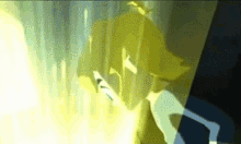 a cartoon character with yellow hair is standing in front of a lightning bolt .