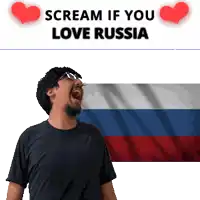 a man is screaming in front of a russian flag with the words scream if you love russia