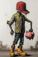 a painting of a person holding a piggy bank with the letter r on the bottom right