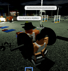 a cartoon character is lifting a barbell and says " tu puedes perro " in a video game