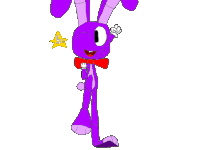 a purple cartoon bunny wearing a red bow tie and a yellow star