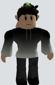 a roblox character wearing headphones and a green frog on his head