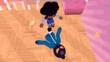 a cartoon character is laying on the floor in a room with a pink wall .