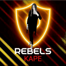 a woman is taking a selfie in front of a rebels kape logo