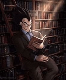 a man in a suit is sitting in a library holding a book .