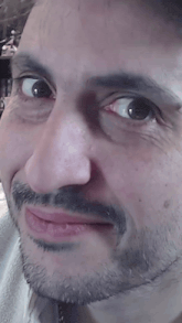 a close up of a man 's face with a beard and brown eyes