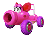 a pink toy car with purple wheels and a large cannon on it .