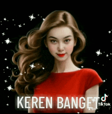 a woman in a red dress with the words keren banget behind her