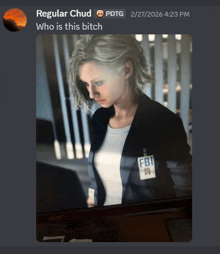 a picture of a woman with an fbi badge on her chest