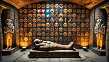 a statue of a mummy in front of a wall of smiley faces