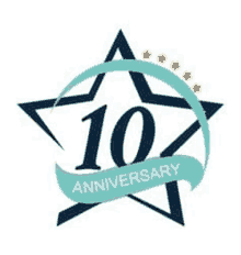 a 10th anniversary logo with a star and ribbon