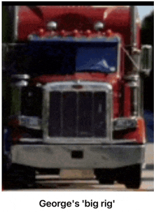 a picture of a red semi truck with the words george 's ' big rig ' below it