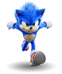 a blue sonic the hedgehog with green eyes and red and white shoes