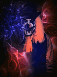 a painting of a clown with red and blue smoke coming out of his mouth