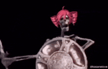 a skeleton with pink hair is holding a stick and a shield .