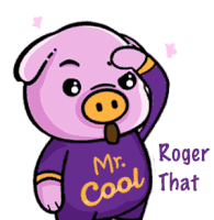 a pig wearing a purple shirt that says " mr. cool "