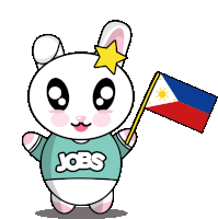 a cartoon rabbit wearing a jobs shirt holding a flag