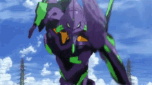 a purple and green robot is flying through a blue sky