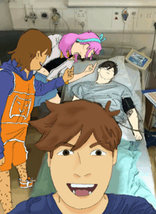 a cartoon drawing of a man taking a selfie in a hospital bed