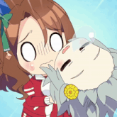 a cartoon drawing of a girl holding a bird with a flower on its neck