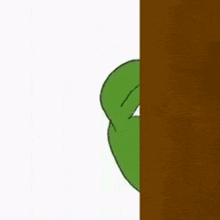 a cartoon frog is peeking out from behind a wooden wall